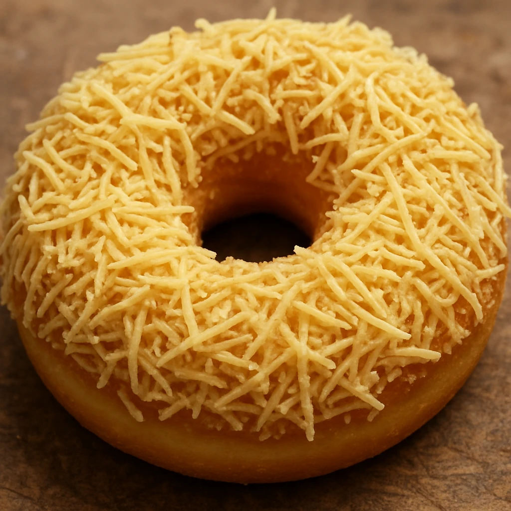 a donut with shredded cheese topping covering the entire surface, detailed, realistic emoji