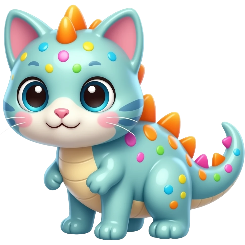 “baby dinosaur made of jelly candy, soft colors, shiny texture, cute face, cartoon style”“adorable kitten made of candy, glossy texture, big eyes, colorful sprinkles, cartoon style” emoji