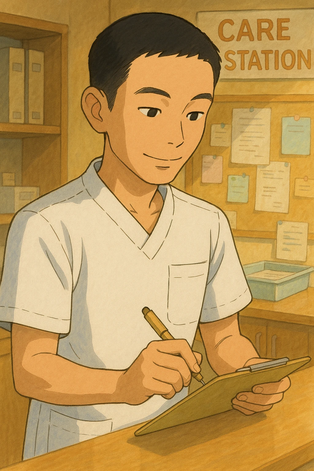 Étudiant infirmier en style Ghibli, travaillant dans un poste de soin, portant un uniforme blanc à manches courtes sans pied de col ni stéthoscope, haut de type tunique médicale avec col en V et poche poitrine à gauche, pas de tissu dépassant des manches, inspiré de la personne sur la photo, ambiance chaleureuse et collaborative. emoji