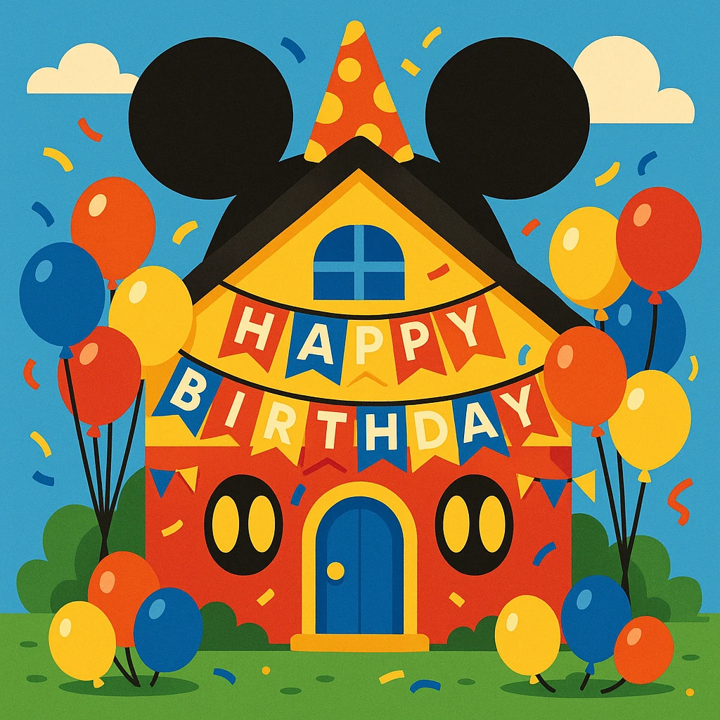 Mickey Mouse themed birthday house, decorated with balloons and party banners, festive cartoon style emoji