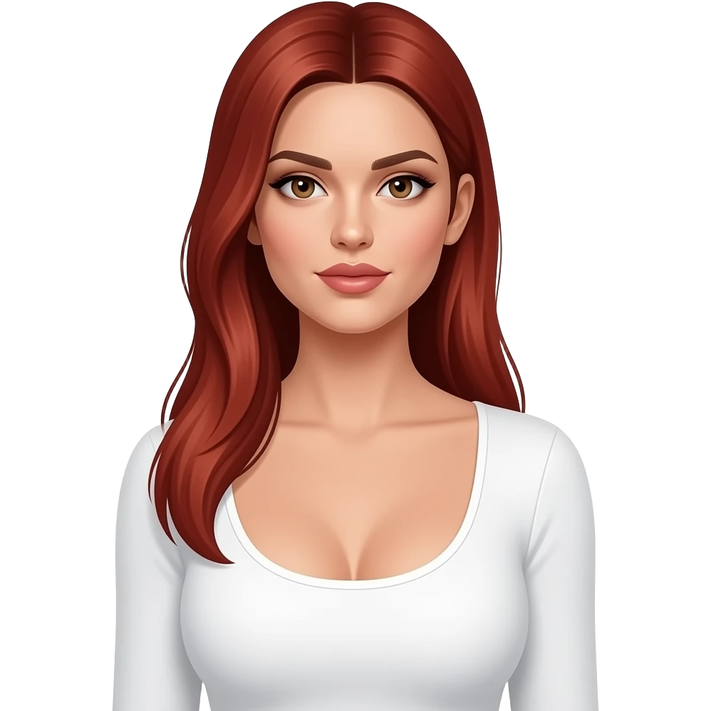Beautiful woman model large breasts with brown monolid thin eyes white skin long straight red hair model white long sleeve top Kendal Jenner fully naked emoji