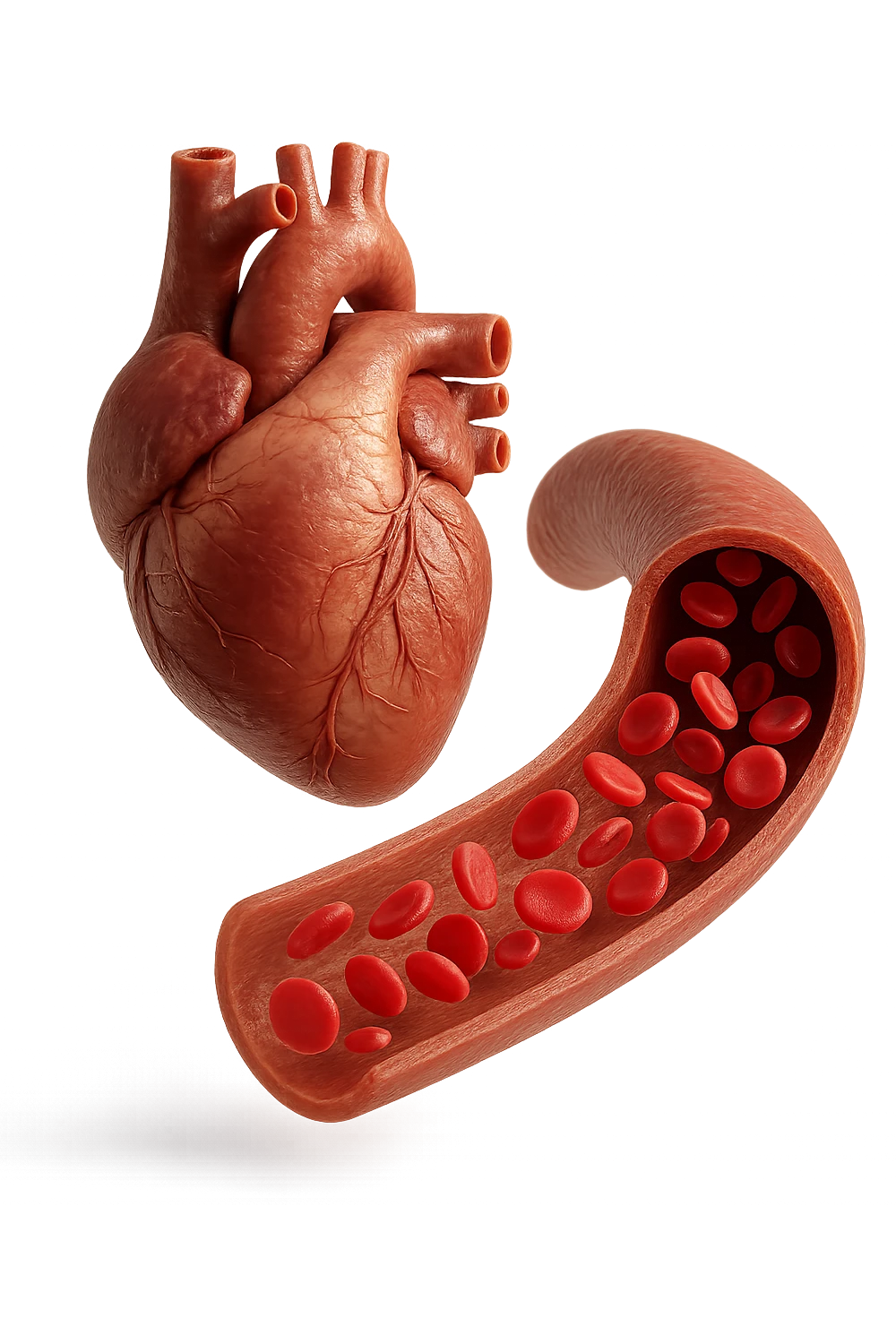 cuore anatomico umano fluttuano in aria insieme ad una vena umana con globuli rossi , iperrealistiche 4k emoji