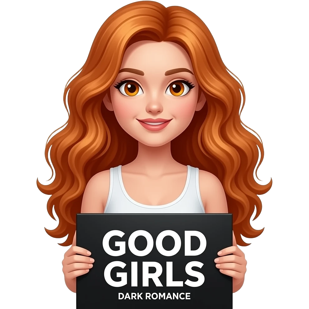 sexy girl with long wavy ginger hair and ginger eyes wearing a white tanktop is holding a black colored sign with GOOD GIRLS read DARK ROMANCE written on it emoji