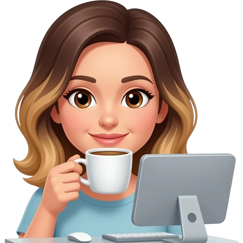 Woman drinking coffee in computer, balayage hair, mid length. Brown eyes emoji