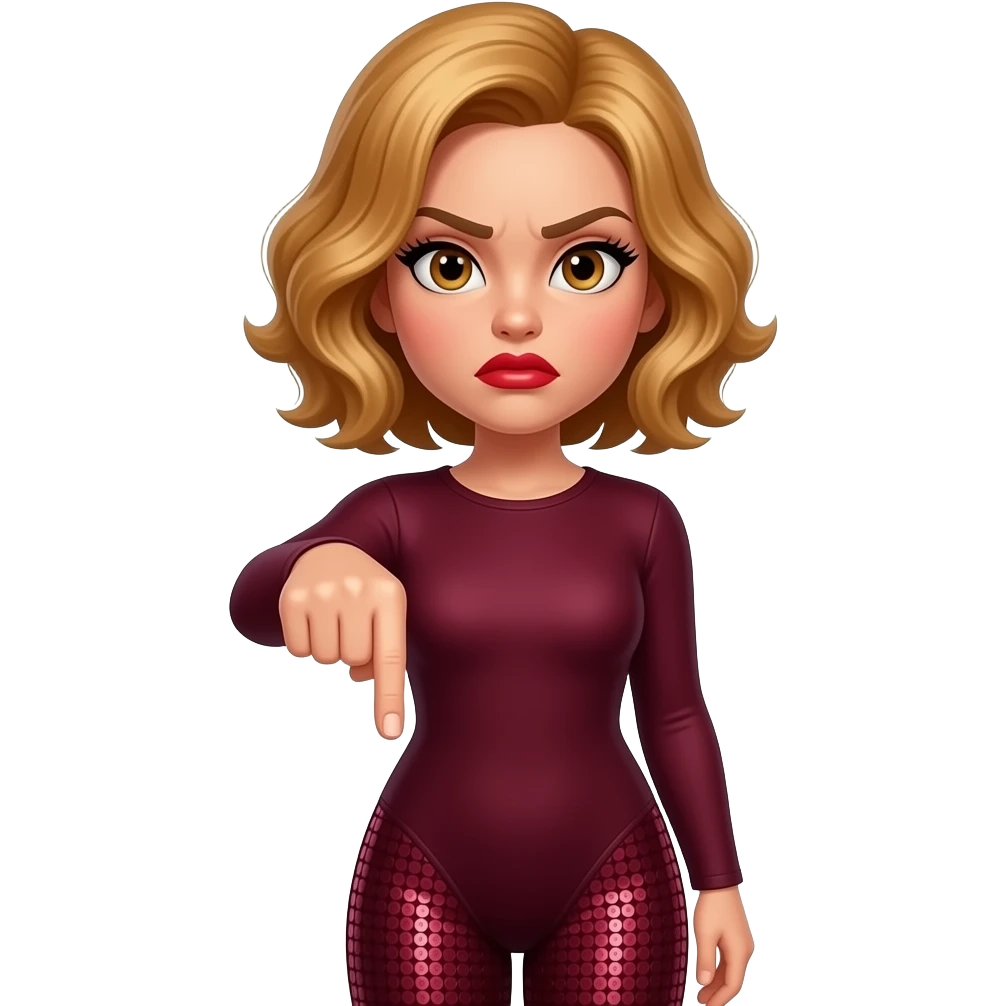 glamours,-tanned,-very-beautiful-woman-with-big-plump-red-lips,-long-lashes,-honey-silky-very short- hair,-wavy-hair,-hazel-eyes- wearing-Burgundy-Long-sleeved-bodysuit-Burgundy- sequinned-pants-Her-eyes-sparkle-and-she-is-frowning.-Hand-up-with-thumb-down. emoji