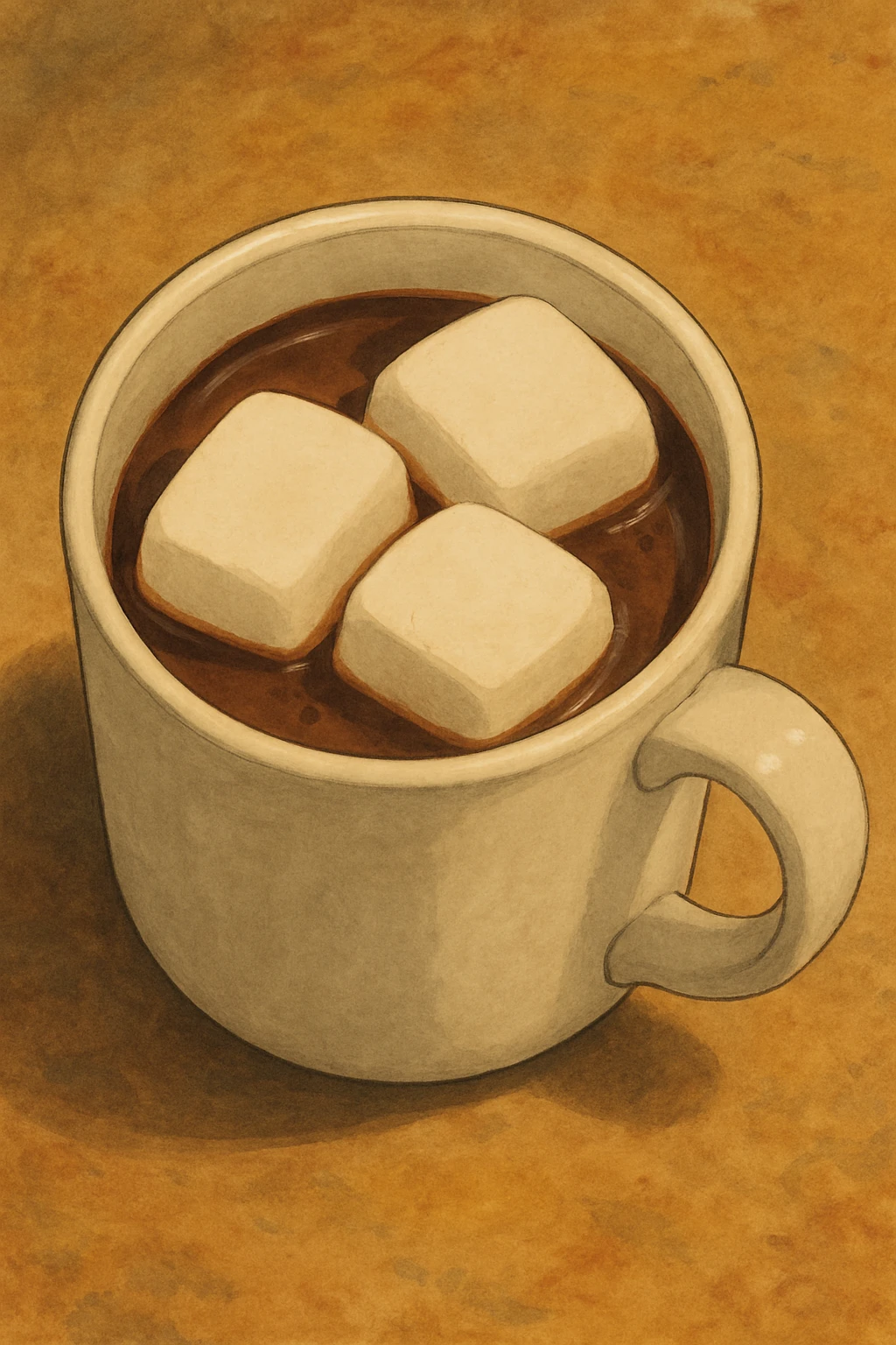birds eye view of realistic hot chocolate white mug with three big marshmallows in it emoji