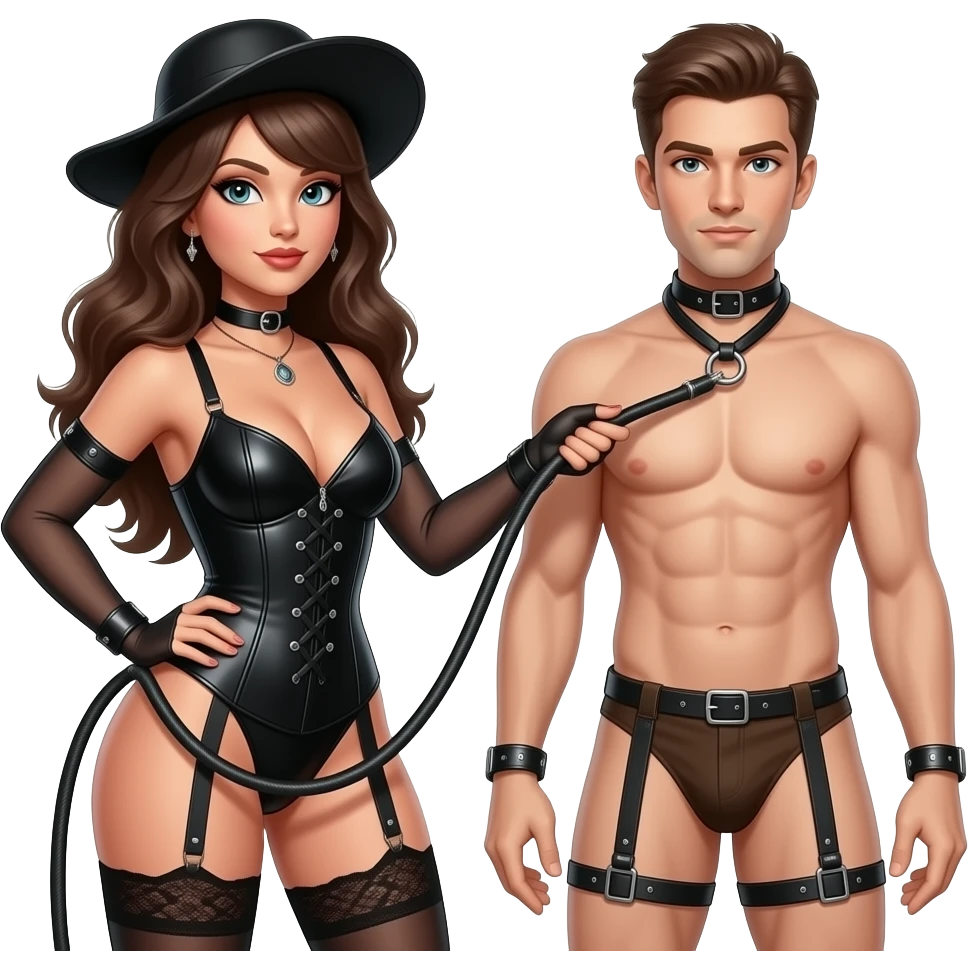 White brunette dominatrix whipping a White slave in chastity emoji