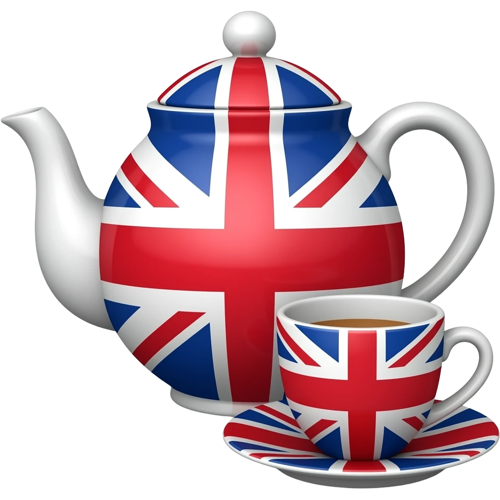 Classic teapot and teacup in red, blue, and white, British tea time emoji