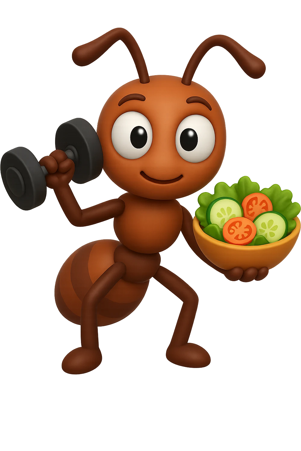 EMOJI STILE IPHONE 3D DI UNA formica CHE ha un manubrio da palestra nella mano destra e un insalata nella mano sinistra, FAGLI GLI OCCHI CON LA PARTE BIANCA, NON SOLO LA PUPILLA emoji