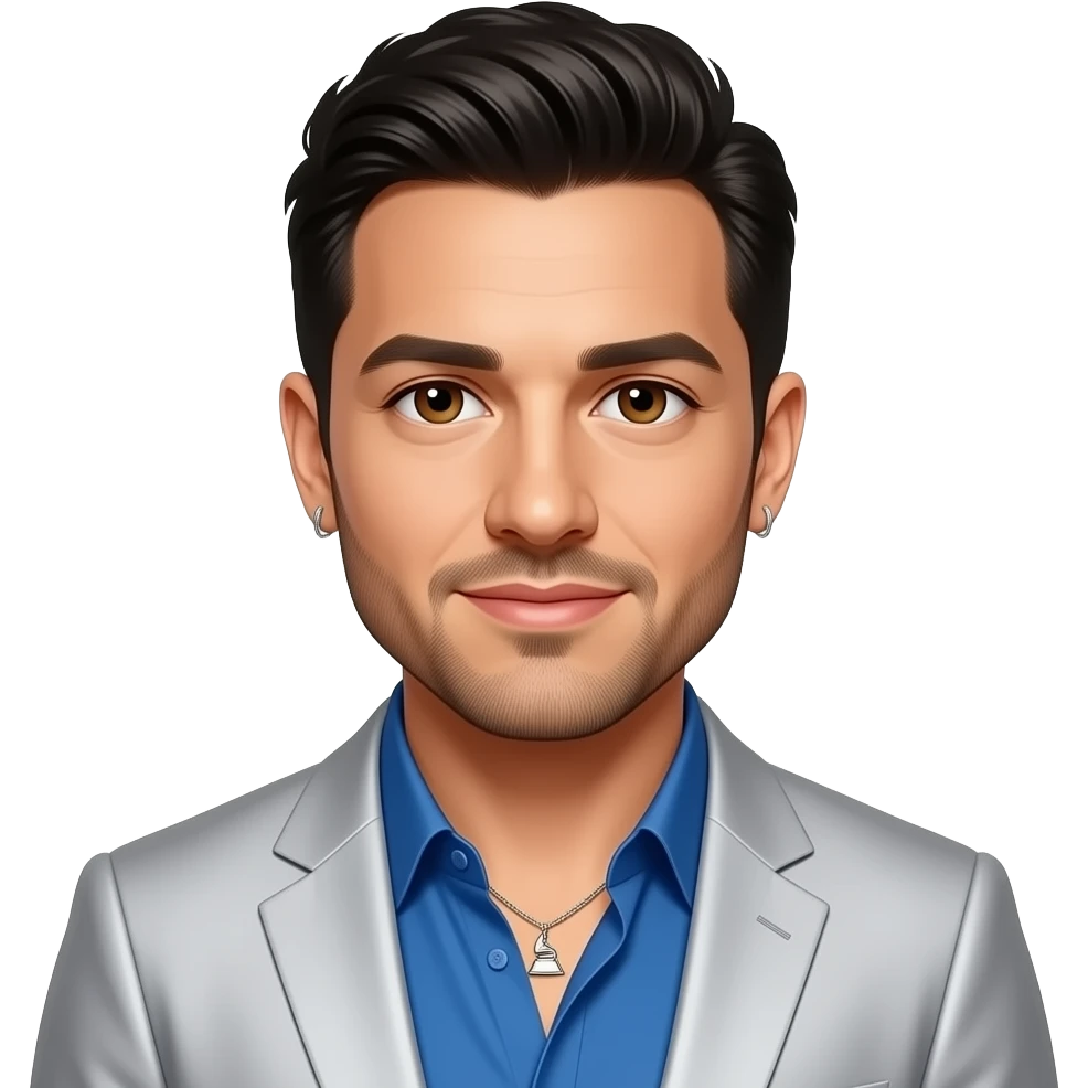 Joey Fatone from NSYNC with brown eyes, black hair and short beard, grammy blue shirt and silver suit jacket, necklace and earrings emoji
