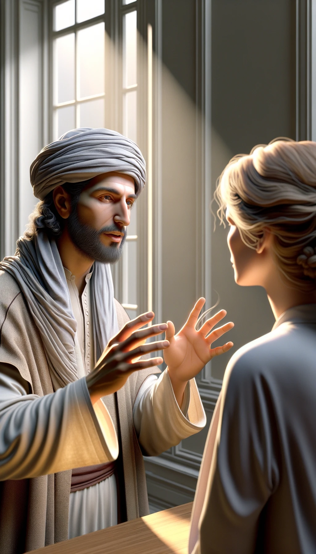  in a bright, softly lit room with a light background, a person is speaking with expressive gestures and a focused expression. In the foreground, another person is seen from behind, listening attentively. The details of hair, skin, and clothing are crisp and lifelike, with subtle reflections and natural shadows. The overall mood is calm and intimate. emoji