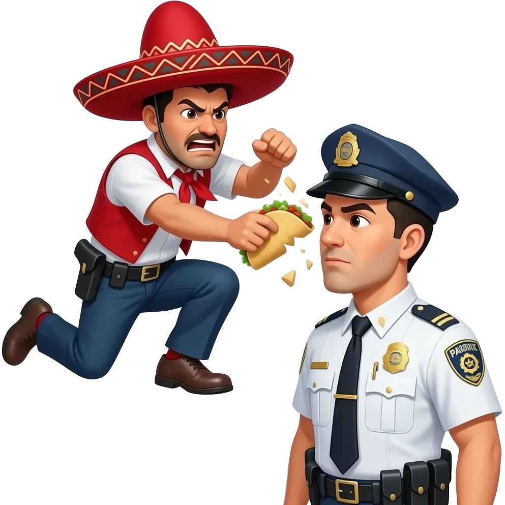 Angry Hispanic man wearing a sombrero jumping over a fence mashing a taco in the face of a border patrol officer emoji