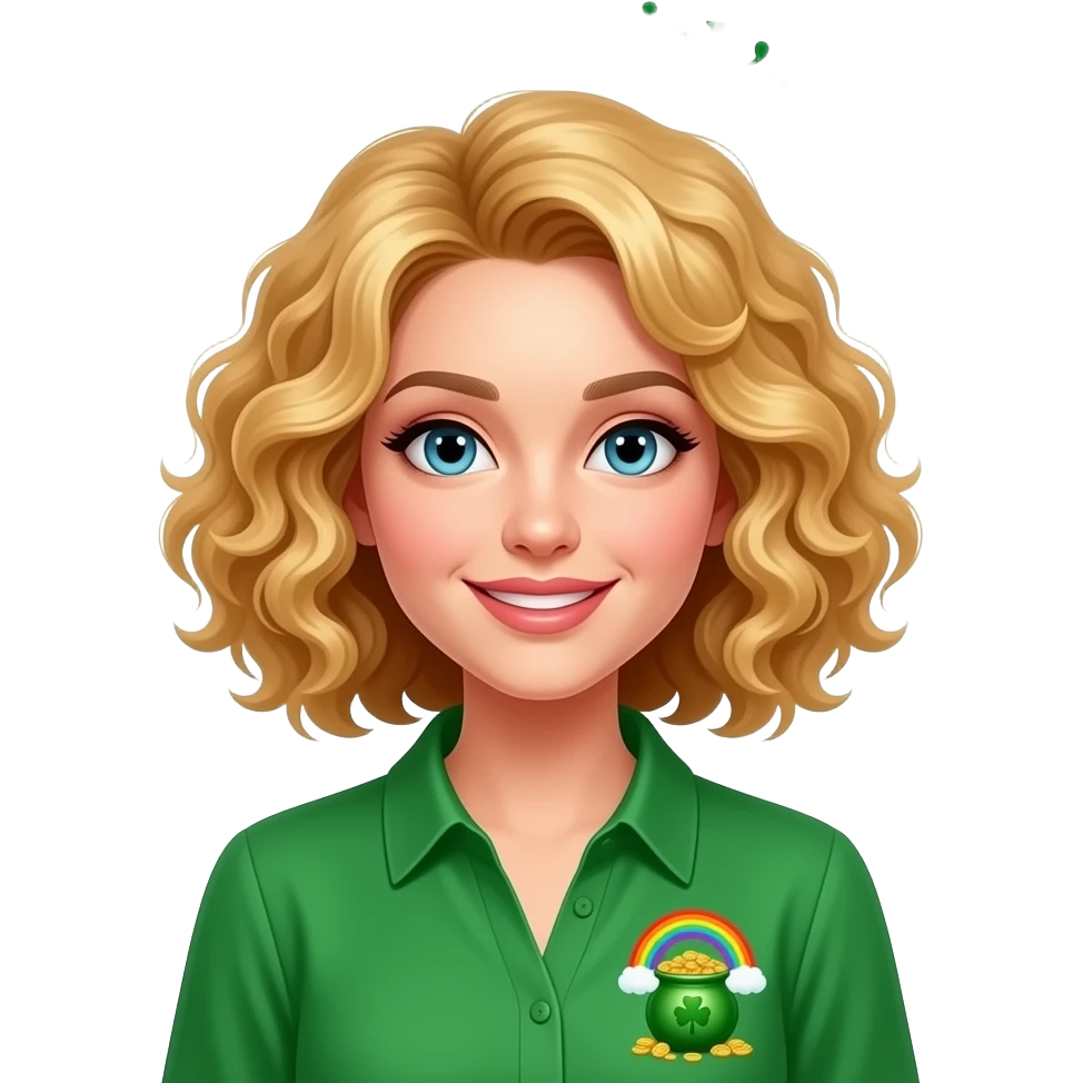 blonde tight curly hair in a short bob with St. Patrick's in a green blouse with rainbow and a pot of gold and Happy  St. Patrick's Day over my head emoji