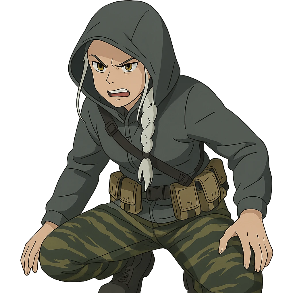 1 female, mid-20's  white hair long braid, gold yellow eyes, gray waterproof tactical shirt hoodie, hood up, single point sling, tan mag pouches on belt rig, tiger stripe camo pants, crouching, angry expression emoji