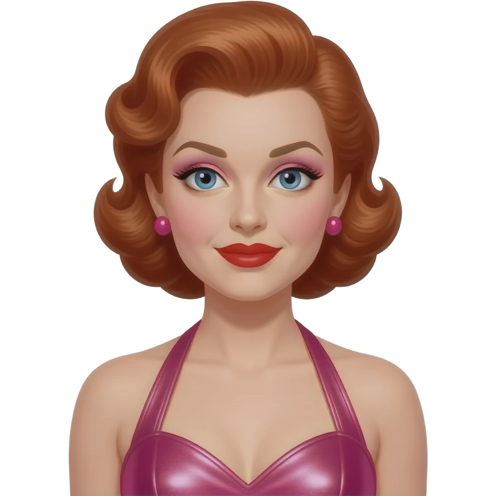 Lucille Ball with blue eyes, red beehive hair, pink eyeshadow, red lipstick, hot pink metallic halter dress, pink earrings emoji
