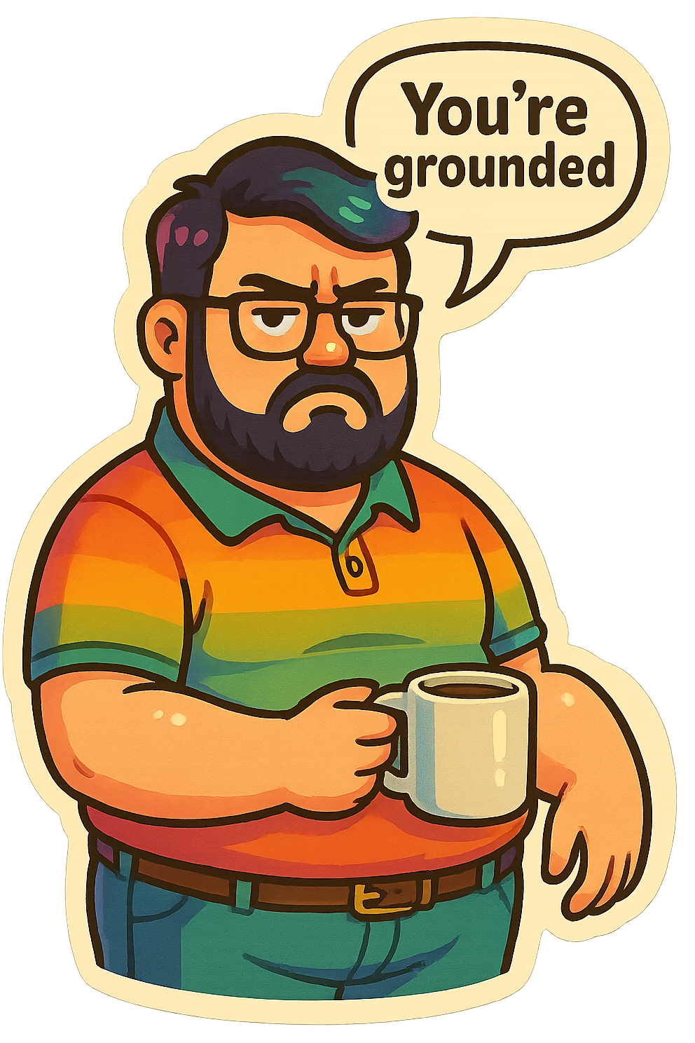 A realism art illustration art style of handsome plus-size man with black hair and a purple to green ombre streak, black beard, blue eye, glasses, dressed like a dad, holding a coffee mug, You’re grounded speech bubble, frowning  emoji