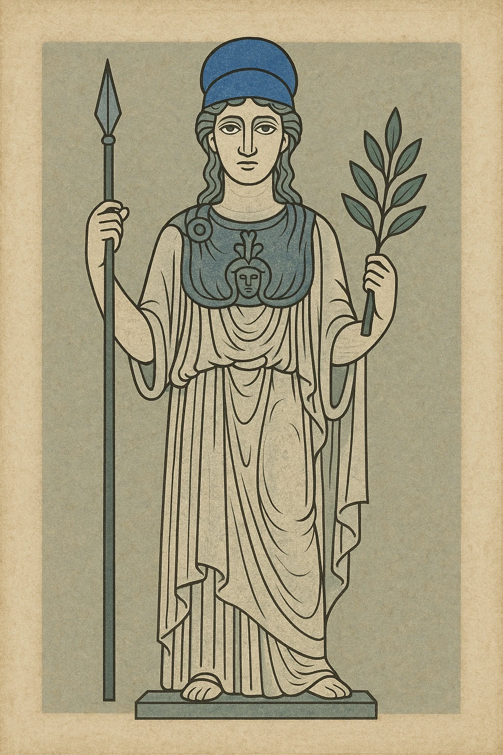 Greek goddess Athena depicted as a marble statue, blue helmet in #2F80C1, traditional ancient Greek art style emoji