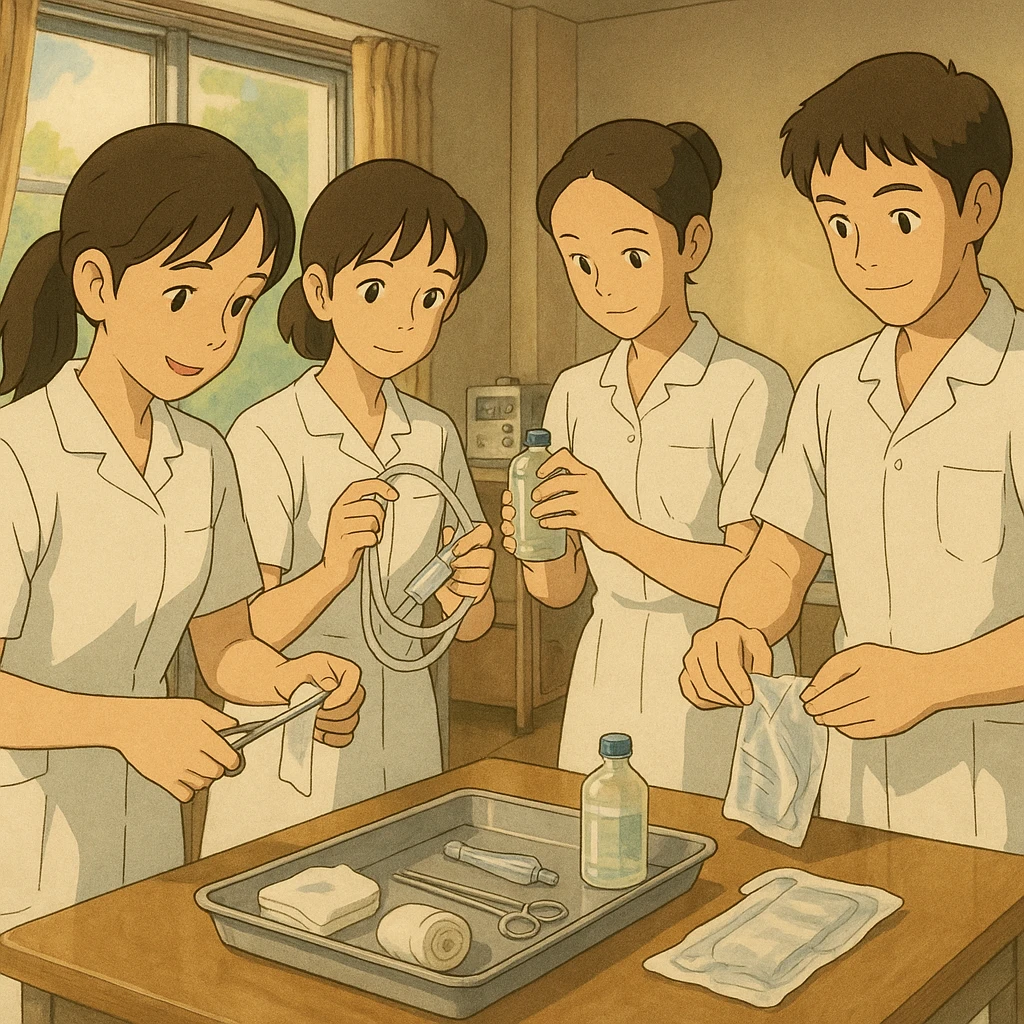 Four nursing students in Ghibli style preparing medical equipment together in a care room. White short-sleeve uniforms, V-neck, left chest pocket, bare forearms, long hair tied for those concerned, no stethoscopes, warm and professional atmosphere. emoji