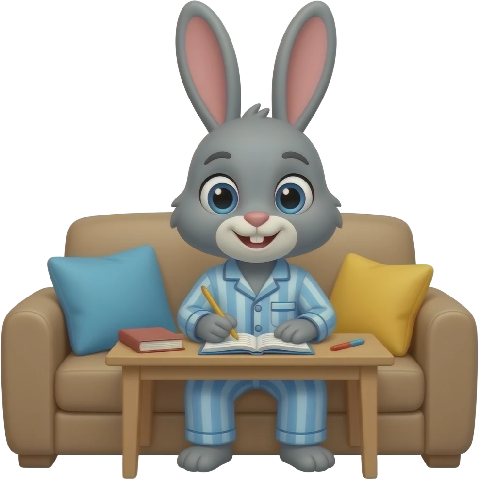 17. Then, grey bunny does bunny’s homework at home in pjs. 🐰 emoji