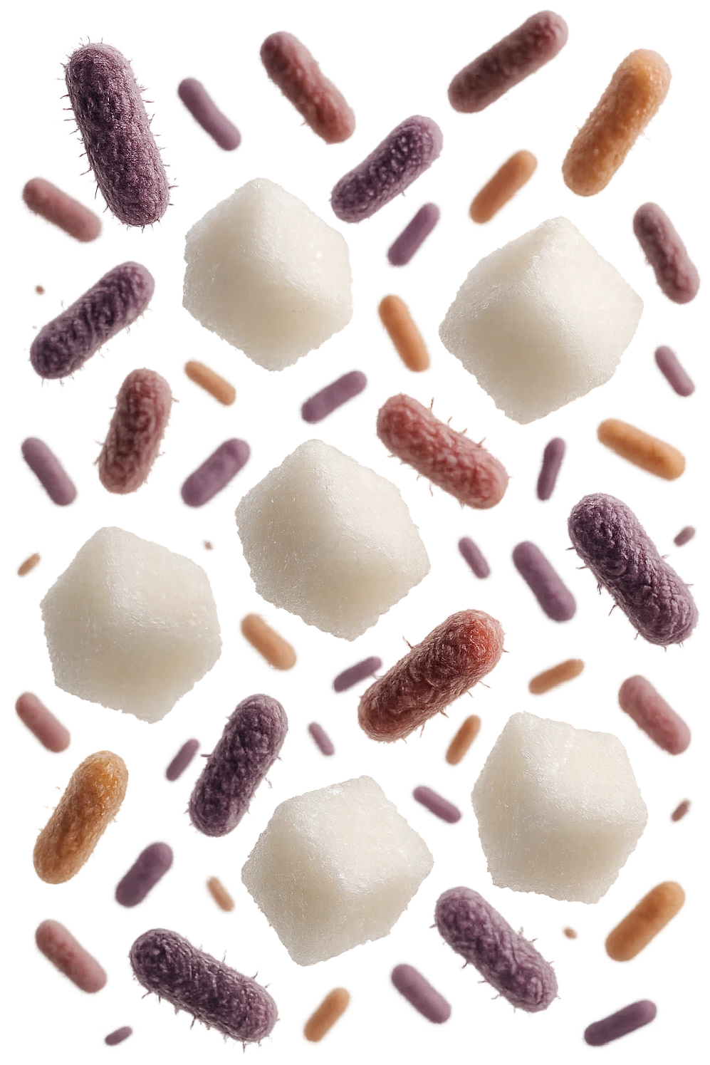 ZOLLETTE DI ZUCCHERO FLUTTUANO IN ARIA INSIEME A BATTERI INTESTINALI REALISTICI
IPERREALISTICO 4K, SFONDO BIANCO emoji
