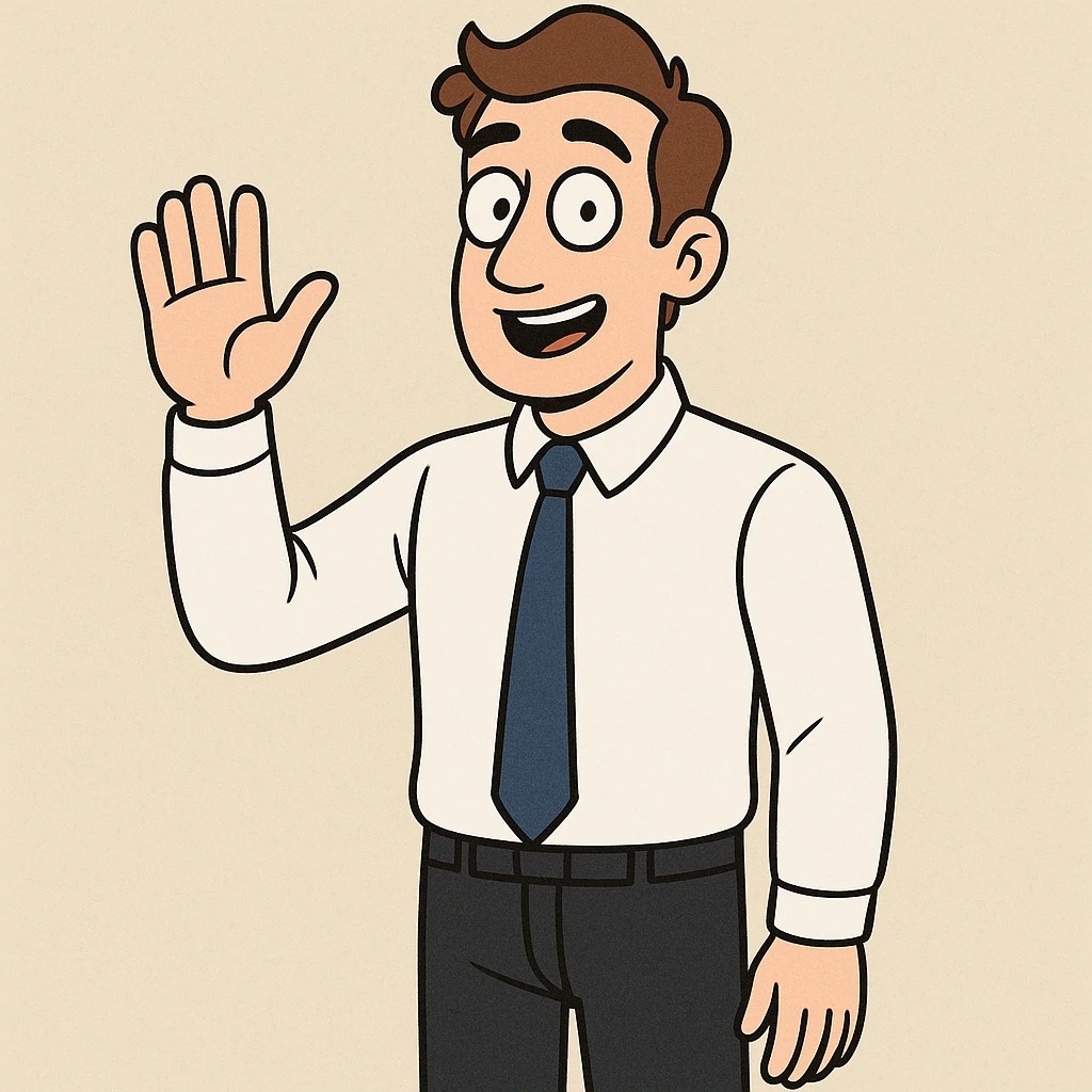 A man sky brown hair Marine Blue Colours Satin Tie White Whistler Classic Oxford Shirt black Apollo Flat Front Trouser hand to say hello emoji