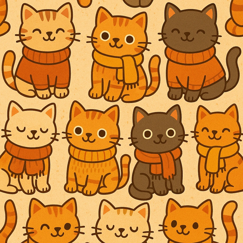 cute cats in scarves and sweaters, seamless pattern, autumn colors, warm and cozy vibe, playful cartoon style emoji