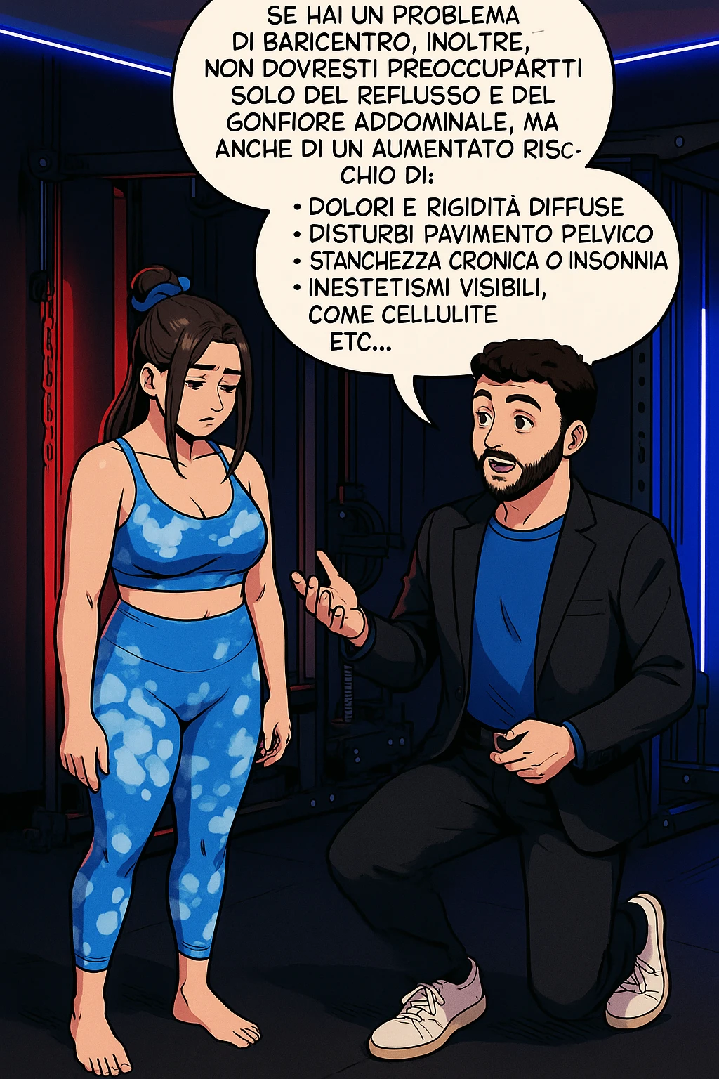 TRASFORMA QUESTO CAROSELLO IN UN FUMETTO STILE WEBTOON/MANGA A COLORI CON QUESTE DUE PERSONE IDENTICHE CHE INTERLOQUISCONO TRA LORO, L'uomo sta spiegando alla donna questo concetto:

Se hai un problema di baricentro, inoltre, non dovresti preoccuparti solo del reflusso e del gonfiore addominale, ma anche di un aumentato rischio di:
    • dolori e rigidità diffuse
    • disturbi pavimento pelvico
    • stanchezza cronica o insonnia
    • inestetismi visibili, come celluluite
    • etc… emoji