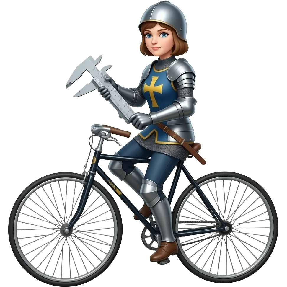 thin and serious Joan of Arc on a vélocipède, Joan of Arc carries a huge school caliper in her hands emoji