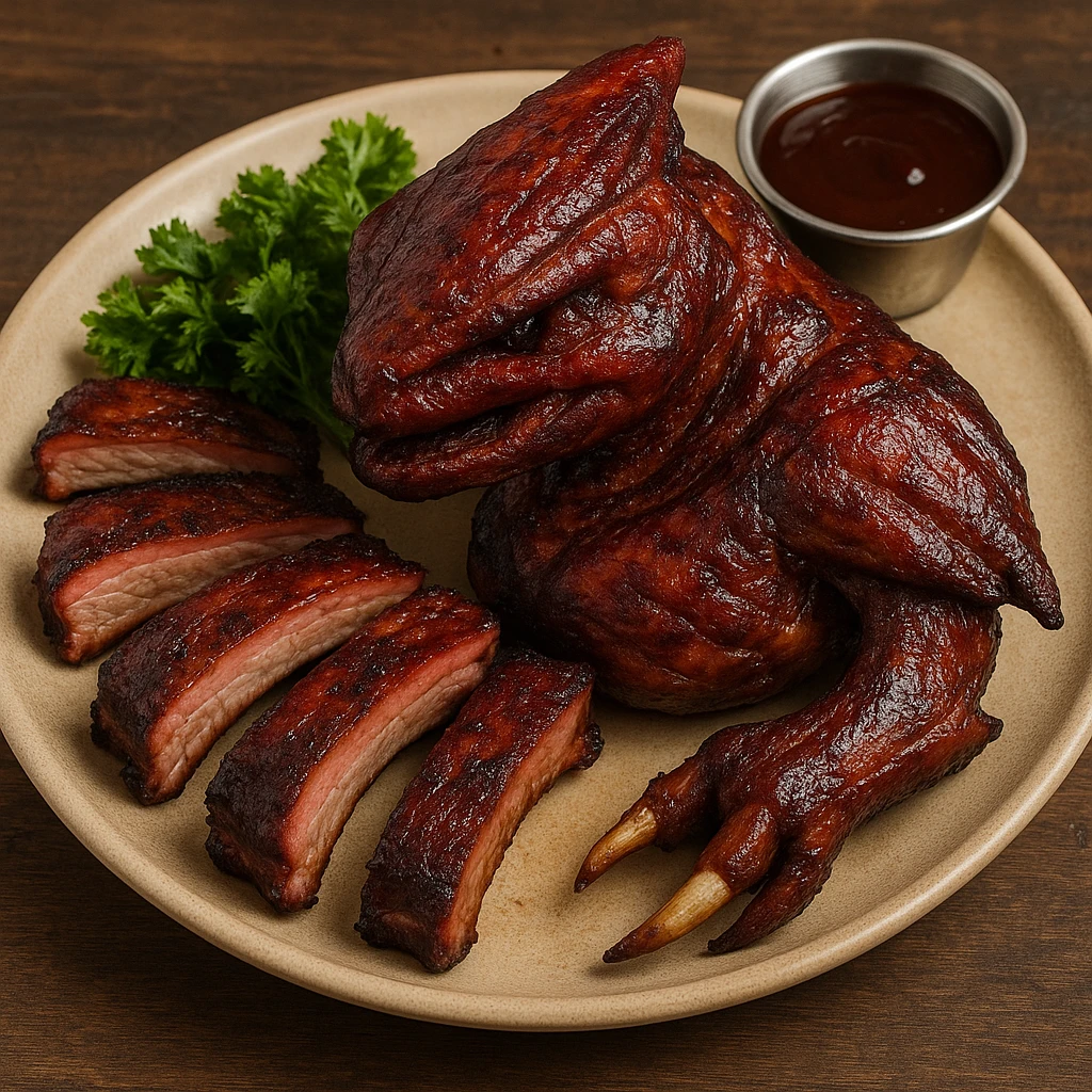 an elite from "Halo: Combat Evolved" except it's cooked and plated as succulent smoked ribs emoji