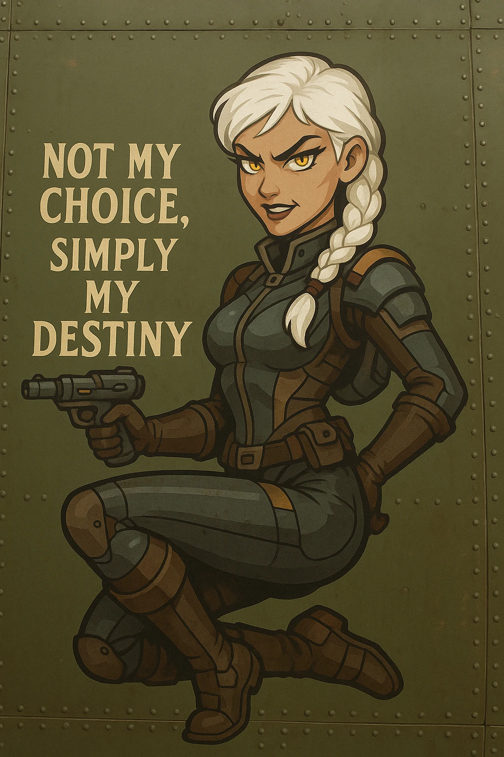 a retro military pinup fuselage decoration for the motto " not my choice, simply my destiny "
; female figure young and gorgeous, white hair 1 braid, gold yellow eyes, spacer, fierce, exo-rogue, menacing yet taunting emoji