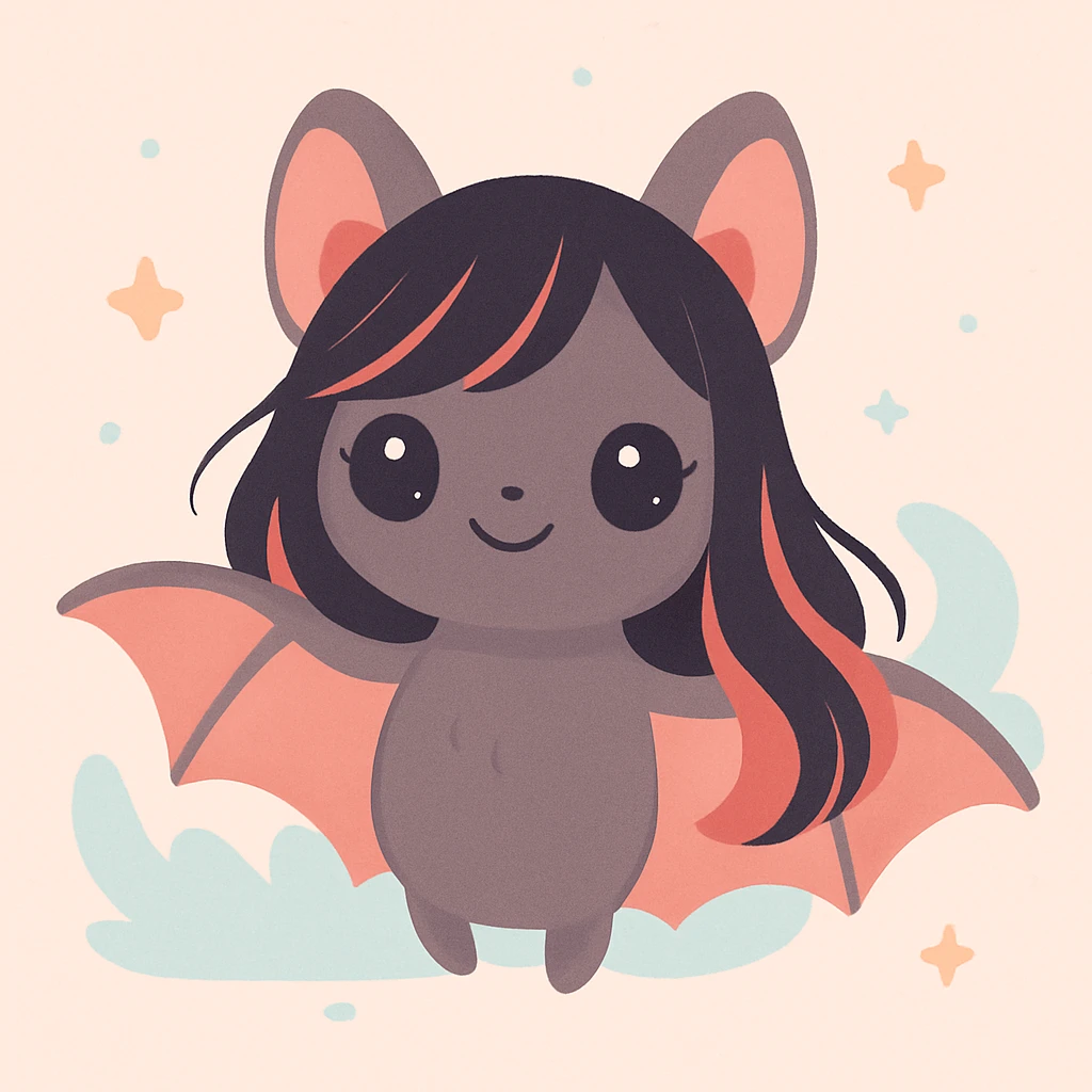 adorable female bat with long black and red hair, big eyes, whimsical style emoji