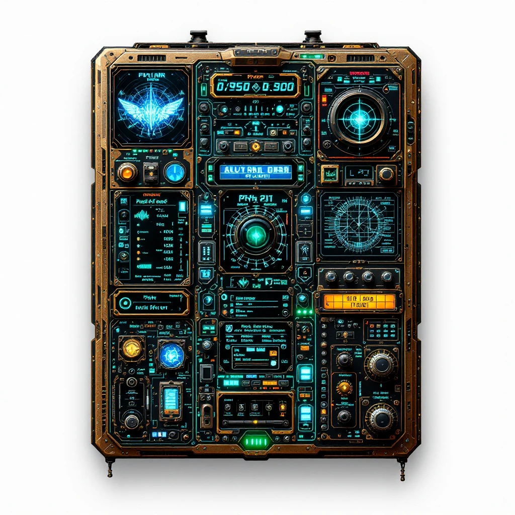 A S'pht Pfhor dialect radio transmission compiler: a panel of alien controls and screens, covered in Pfhor and S'pht script, with holographic projections and a luminous, circuit-like pattern. The device feels both ancient and futuristic, with a bronze and emerald color scheme. emoji