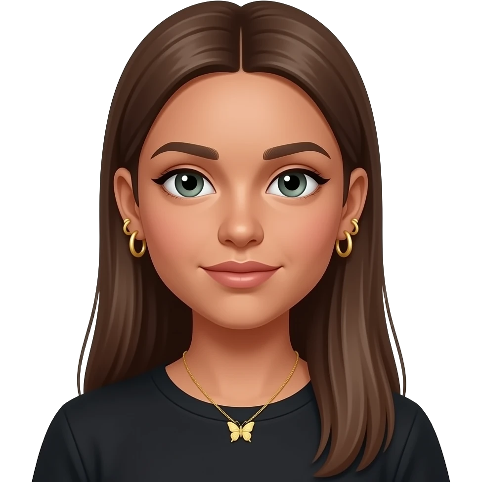 17 year old girl with very very long very straight  brown hair, grey-green eyes, tanned skin, two sets of small gold hoop earrings on each ear wearing a black top and a small gold butterfly necklace emoji