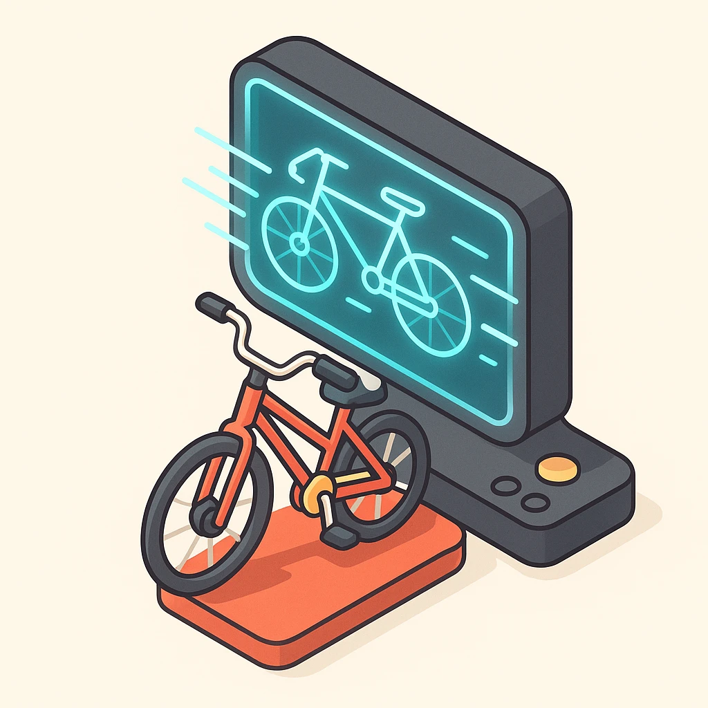 3D isometric icon of a bicycle being scanned by a digital scanner, with glowing lines and a techy look emoji