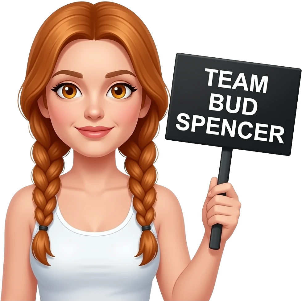 sexy girl with long ginger braids and ginger eyes wearing a white tanktop is holding a black sign with TEAM BUD SPENCER written on it emoji
