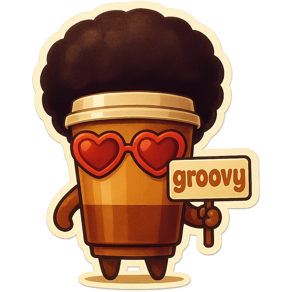 Tall coffee cup, no mouth, afro, heart glasses, holding sign "groovy" emoji