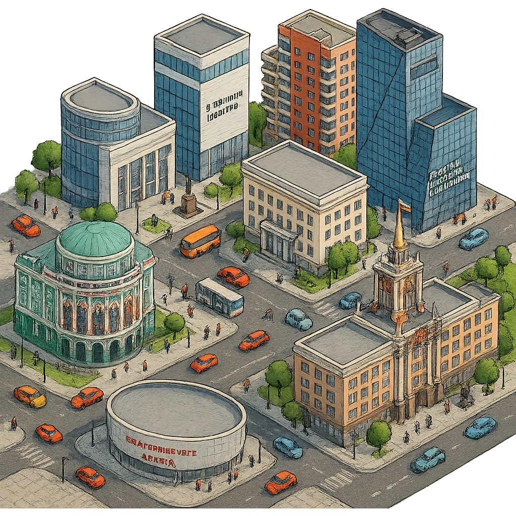 Изометричная миниатюрная фотореалистичная 3D модель Екатеринбурга - Дом Севастьянова, Ельцин-центр, Уральский федеральный университет, дома, Екатеринбург Арена, Штаб-квартира Русской медной компании, Здание Свердловского городского совета народных депутатов, четкие линии, яркие цвета, мультяшный реализм, люди, автотранспорт, компактная композиция, вид сверху в изометрии, прозрачный фон emoji