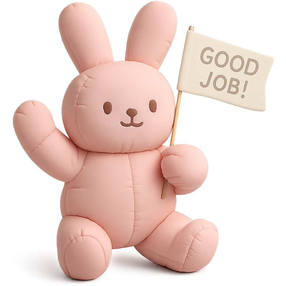 full-body baby pink bunny waving a 'Good Job!' flag, cushion style, transparent background, flag text clearly visible emoji