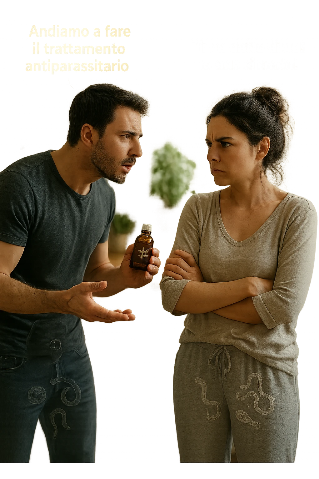 A highly realistic, cinematic photo of a young couple in their early 30s having an argument in a bright modern kitchen. The man, athletic build, wearing a casual T-shirt and jeans, is speaking firmly with a raised hand holding a small amber glass bottle labeled with a subtle herbal symbol, saying 'Andiamo a fare il trattamento antiparassitario' with a determined expression. The woman, with long dark hair tied in a messy bun, casual home outfit, crosses her arms with an angry, defensive expression, replying 'Ti ho detto di no! Io non ci credo!' while slightly turning away. Tension is visible in their body language, with the man leaning forward trying to explain and the woman leaning back, her eyebrows furrowed. Around them, subtle ghostly overlays of microscopic parasites are faintly visible near their abdominal areas, symbolizing the hidden reason for the argument. The kitchen is bright and modern with plants and natural light, contrasting the emotional tension. The style is hyperrealistic with warm tones and shallow depth of field focusing on their facial expressions, illustrating the conflict between belief in natural treatments and skepticism within the couple regarding hidden parasitic infections. in italiano emoji