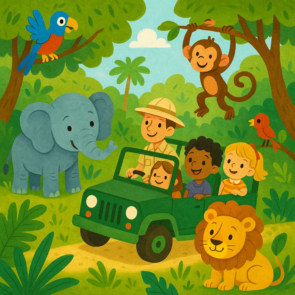 digital illustration of jungle safari in the style of children's story book emoji