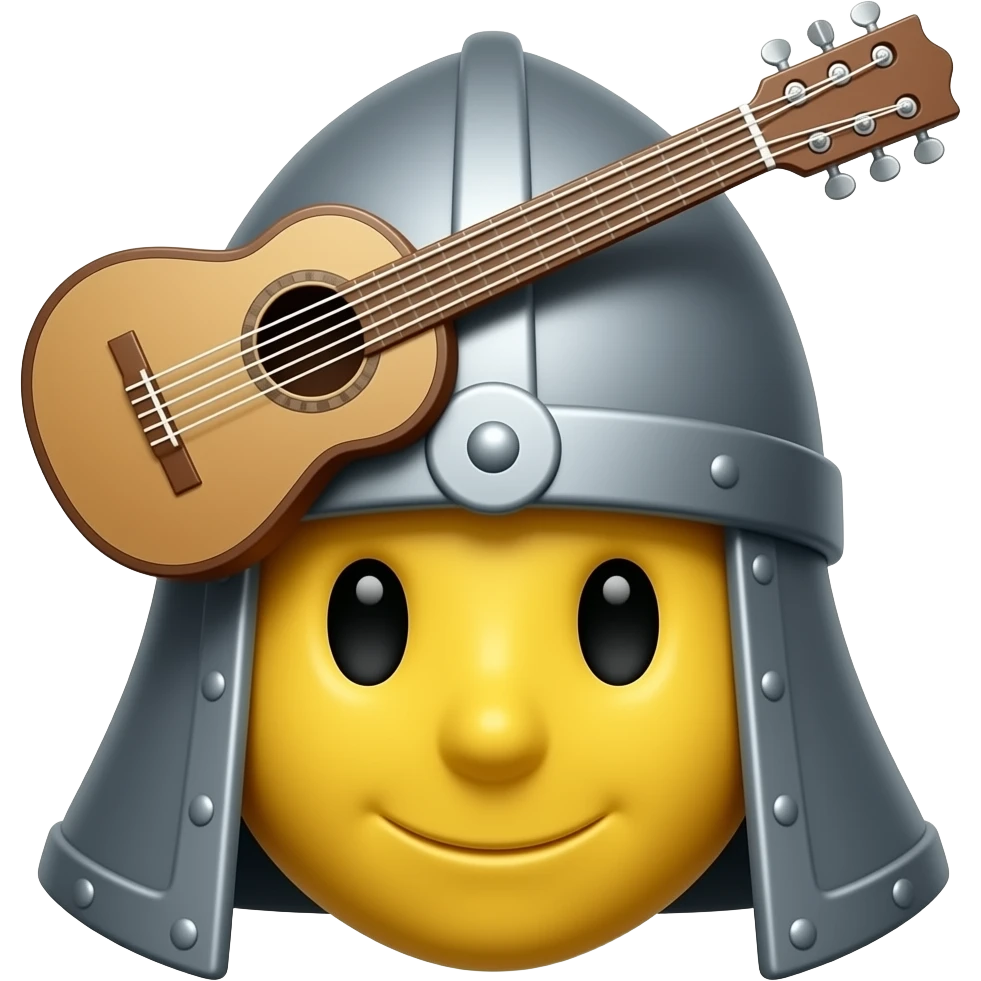 verry round yellow face emoji with a "medieval bard hat" and a "medieval bard instrument", "no arms nor hands" emoji