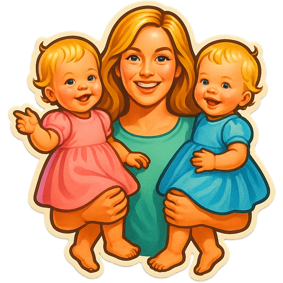mother with long light hair and two one-year-old twin girls with short light hair on her arms, pastel dresses, retro stickers style, soft shadows, different variations emoji