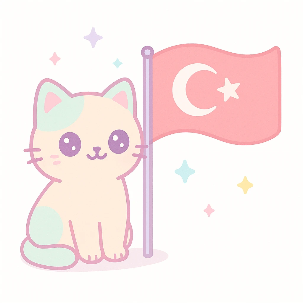 a friendly cat sitting next to a waving Turkish flag emoji