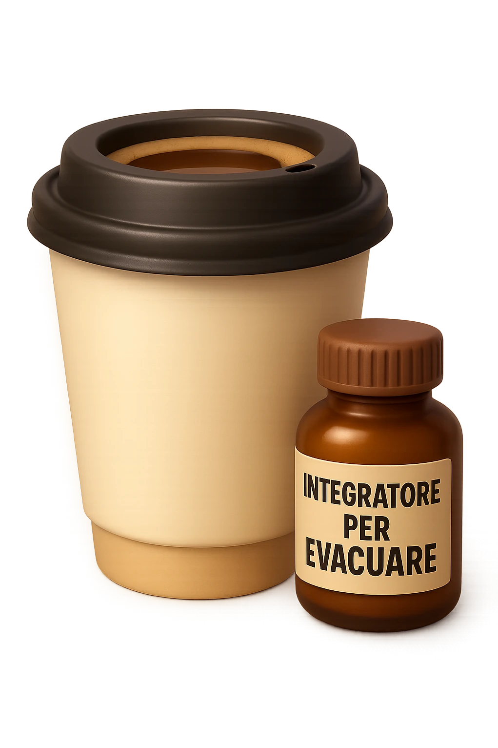 EMOJI STILE IPHONE 3D DI un caffè e di una boccetta di integratore con la scritta "INTEGRATORE PER EVACUARE" SULL'ETICHETTA, iperrealistico 4k emoji