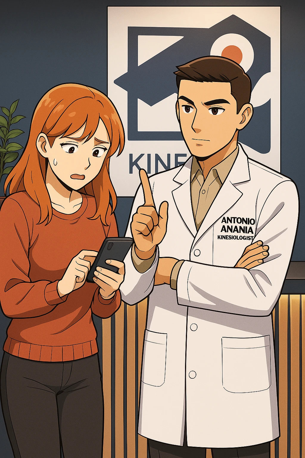 su questo stile fai un manga/webtoon a colori in cui una donna CONTROLLA LO SMARTPHONE MENTRE PARLA CON L'UOMO, l'uomo della foto in stile manga LE DICE DI "NO" CON IL DITO, mantieni un ambiente simile alla foto che ho allegato con il suo logo (sarebbe il suo studio, lui è un kinesiologo), scrivigli "ANTONIO ANANIA" sul camice bianco, non mettere fumetti, ma fai in modo che sembri che la donna CONTROLLI LO SMARTPHONE E L'UOMO CON I GESTI LE FACCIA CAPIRE CHE STA SBAGLIANDO emoji