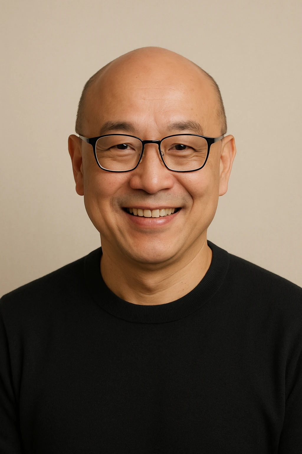 bald Asian man with glasses, friendly face, simple background emoji