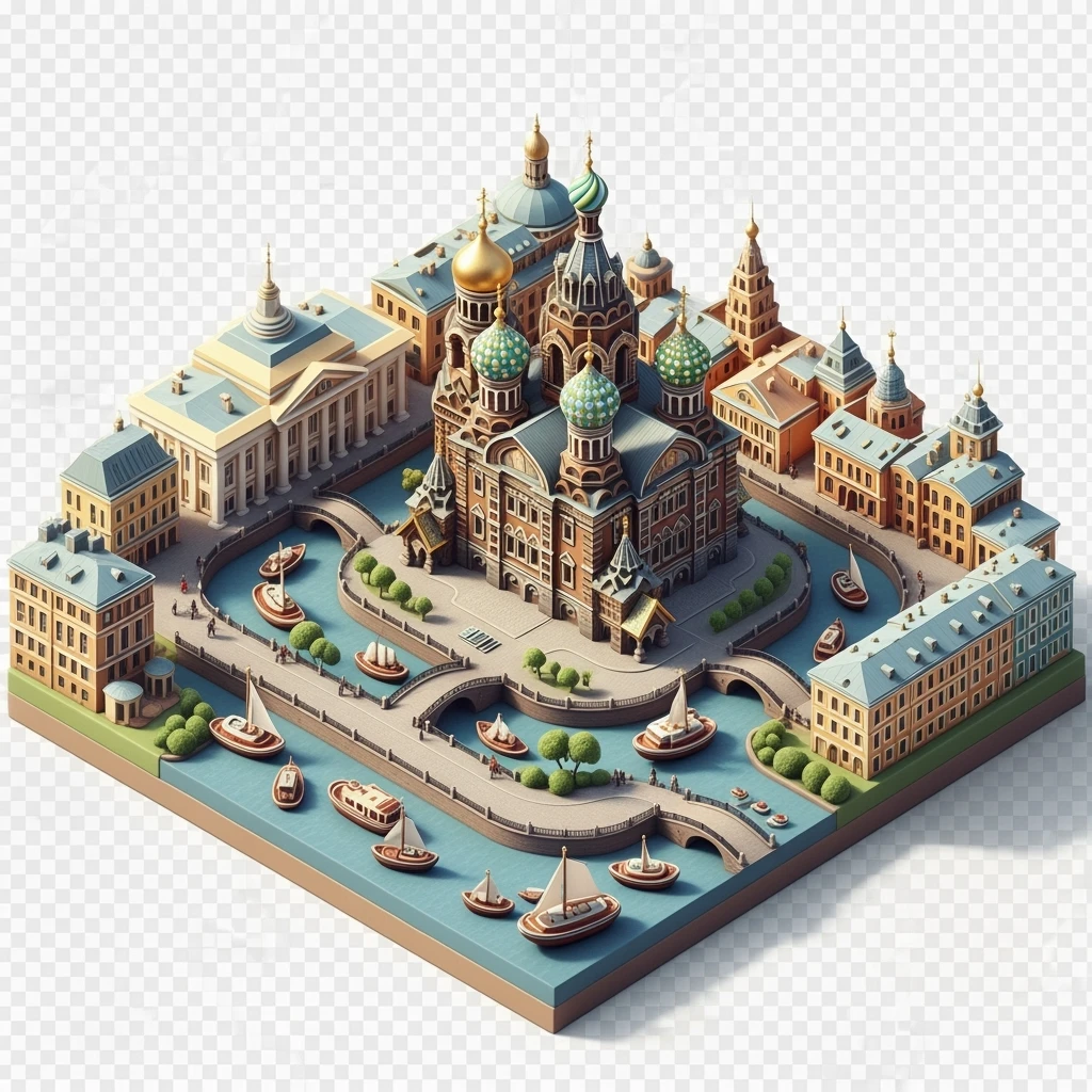 Isometric illustration of Saint Petersburg with the Church of the Savior on Spilled Blood and canals, toy boats and bridges, in pastel miniature diorama style, transparent background emoji