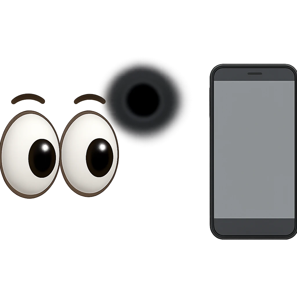 two wide open eyes looking at a smartphone with a mysterious black hole nearby emoji