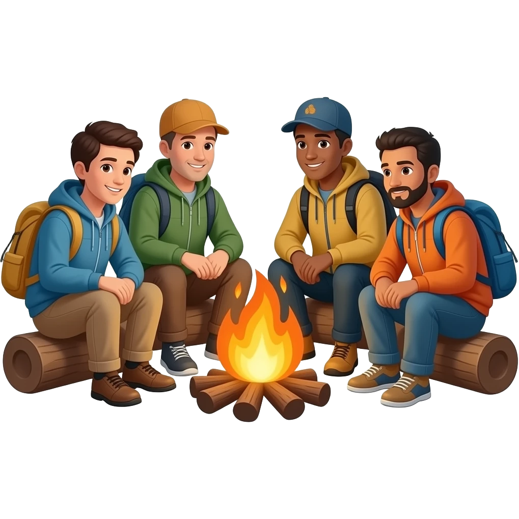 race neutral adults around a campfire wearing camping clothing no visible backpacks emoji