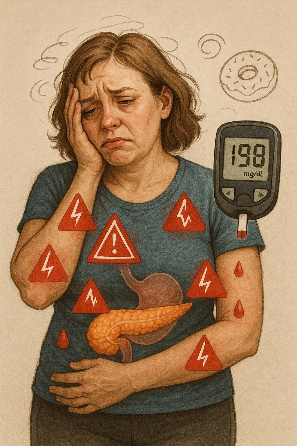 "Woman struggling with worsening insulin sensitivity, blood sugar spikes visualized as red warning signals throughout her body, expression of energy crashes and sugar cravings, pancreas working overtime shown in transparent overlay, pre-diabetic progression despite dietary efforts, metabolic syndrome symptoms accumulating, glucose meter showing increasingly concerning readings" scritte in italiano emoji